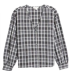 TREASURE & BOND-Check V-Neck Button-Up Top-Women's Size: Small-Black-NEW!!
